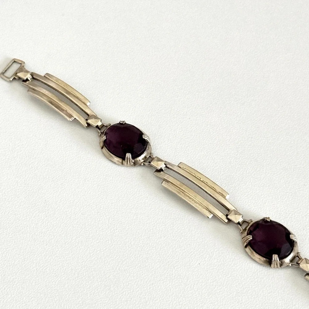 Symmetalic 925 Sterling Silver & 14K Gold Two Tone Purple Faceted Glass Bracelet